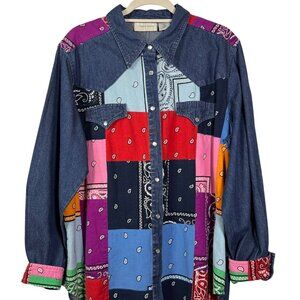 Lemongrass Western Denim Bandana Patchwork Shirt SZ Large